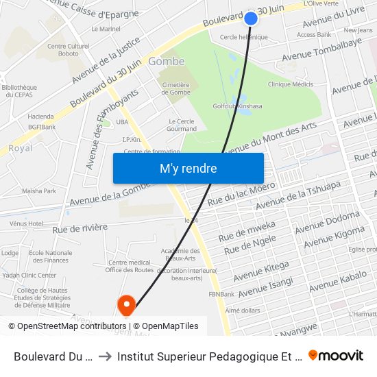 Boulevard Du 30 Juin, 66 to Institut Superieur Pedagogique Et Technique De Kinshasa map