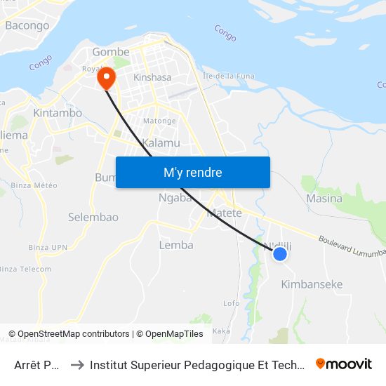 Arrêt Paroise to Institut Superieur Pedagogique Et Technique De Kinshasa map