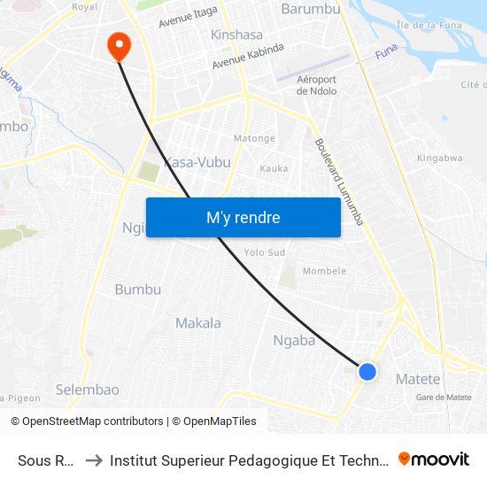 Sous Region to Institut Superieur Pedagogique Et Technique De Kinshasa map