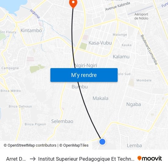 Arret De Bus to Institut Superieur Pedagogique Et Technique De Kinshasa map