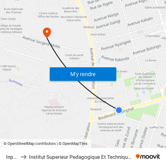 Inpess to Institut Superieur Pedagogique Et Technique De Kinshasa map