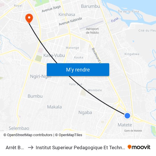 Arrêt Banunu to Institut Superieur Pedagogique Et Technique De Kinshasa map