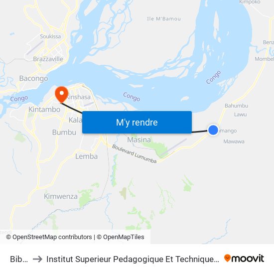 Bibwa to Institut Superieur Pedagogique Et Technique De Kinshasa map