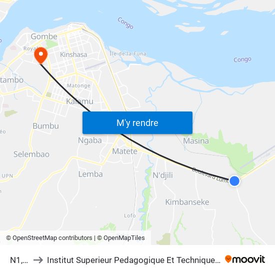 N1, 11 to Institut Superieur Pedagogique Et Technique De Kinshasa map