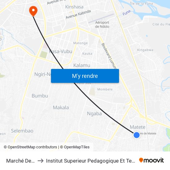 Marché De Matete to Institut Superieur Pedagogique Et Technique De Kinshasa map