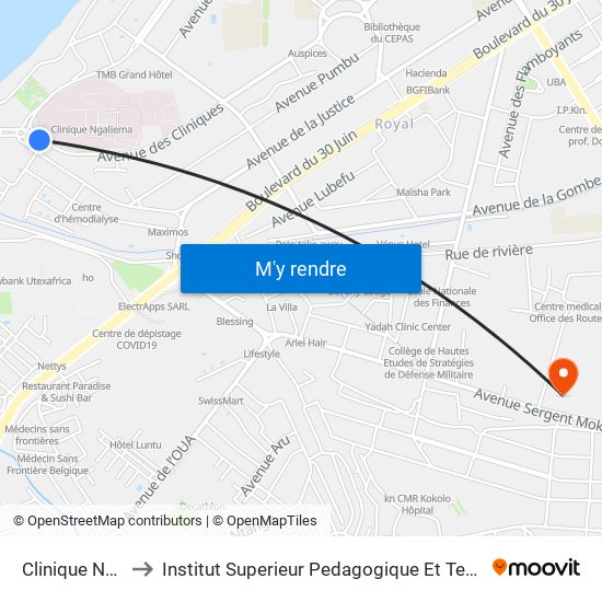 Clinique Ngaliema to Institut Superieur Pedagogique Et Technique De Kinshasa map