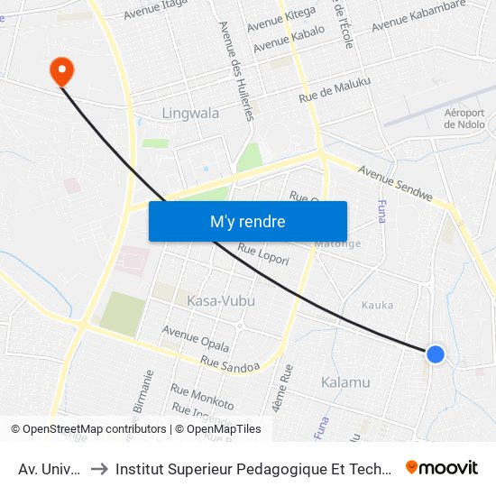 Av. Université to Institut Superieur Pedagogique Et Technique De Kinshasa map