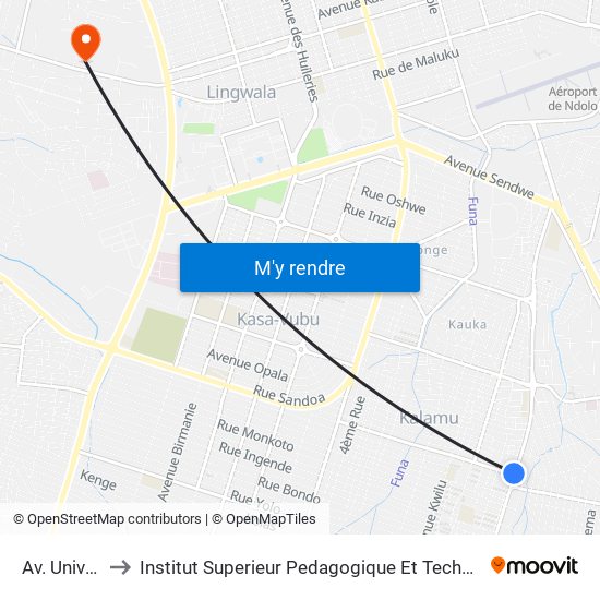 Av. Université to Institut Superieur Pedagogique Et Technique De Kinshasa map