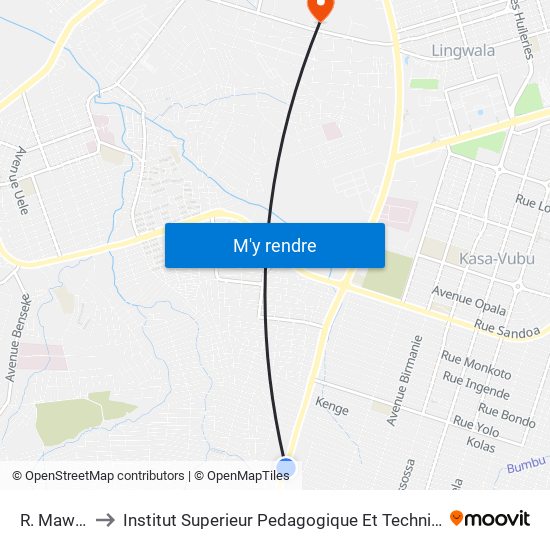 R. Mawanga to Institut Superieur Pedagogique Et Technique De Kinshasa map