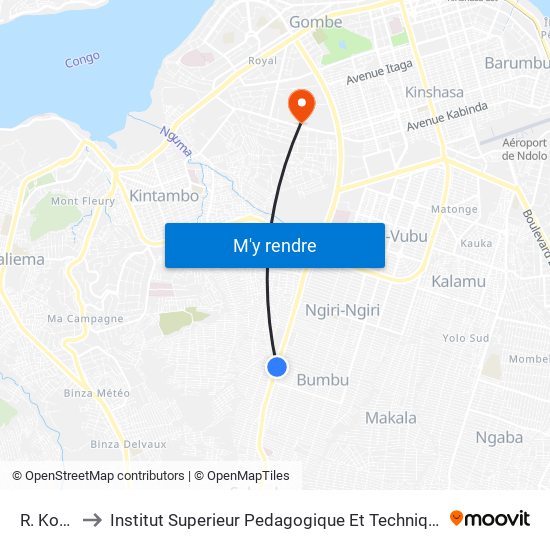 R. Kokolo to Institut Superieur Pedagogique Et Technique De Kinshasa map