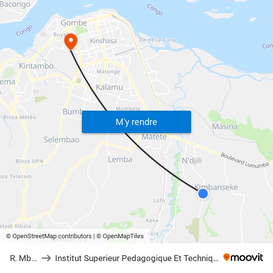 R. Mbinza to Institut Superieur Pedagogique Et Technique De Kinshasa map