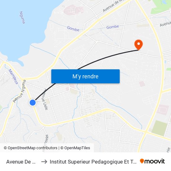 Avenue De Bangala, 1 to Institut Superieur Pedagogique Et Technique De Kinshasa map