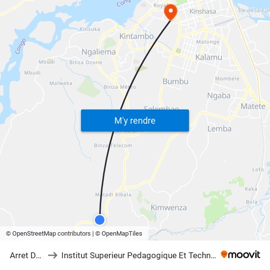 Arret De Bus to Institut Superieur Pedagogique Et Technique De Kinshasa map