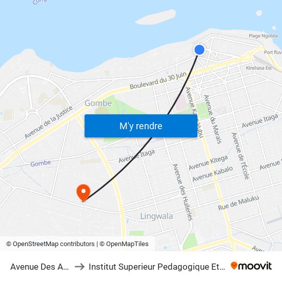 Avenue Des Aviateurs, 22 to Institut Superieur Pedagogique Et Technique De Kinshasa map