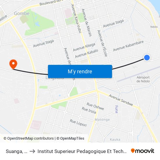 Suanga, 4145 to Institut Superieur Pedagogique Et Technique De Kinshasa map
