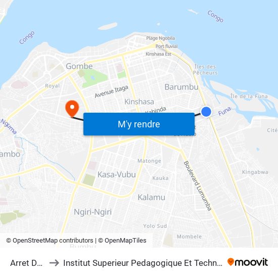 Arret De Bus to Institut Superieur Pedagogique Et Technique De Kinshasa map