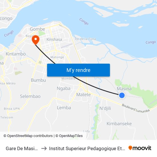 Gare De Masina - Mapela to Institut Superieur Pedagogique Et Technique De Kinshasa map