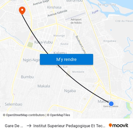 Gare De Matete to Institut Superieur Pedagogique Et Technique De Kinshasa map