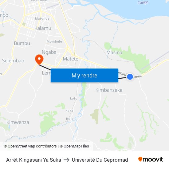 Arrêt Kingasani Ya Suka to Université Du Cepromad map