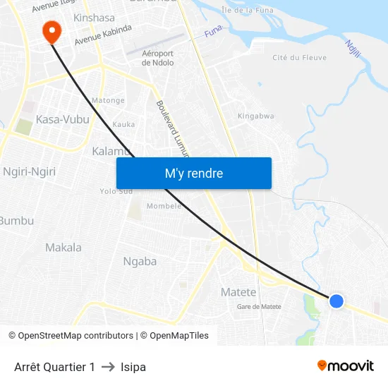Arrêt Quartier 1 to Isipa map