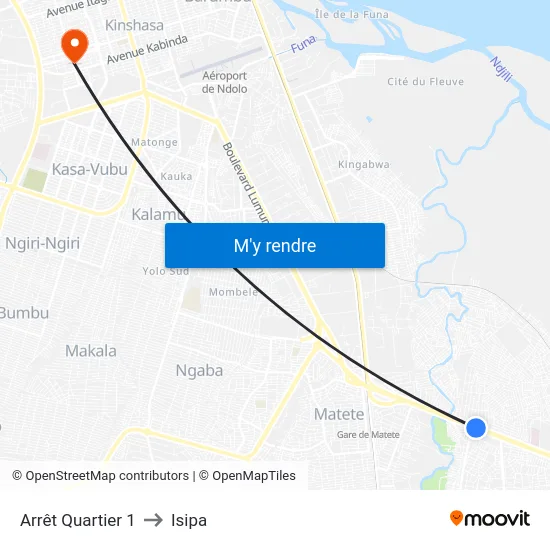 Arrêt Quartier 1 to Isipa map