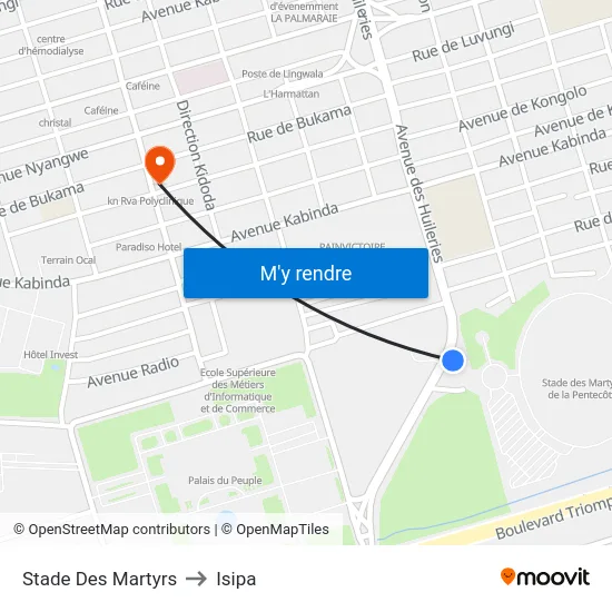 Stade Des Martyrs to Isipa map
