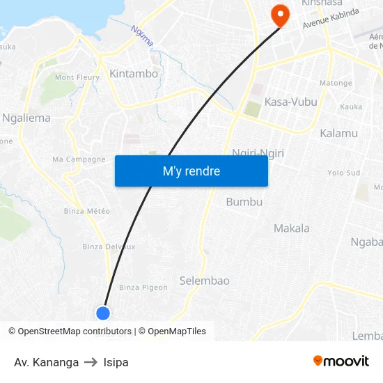 Av. Kananga to Isipa map