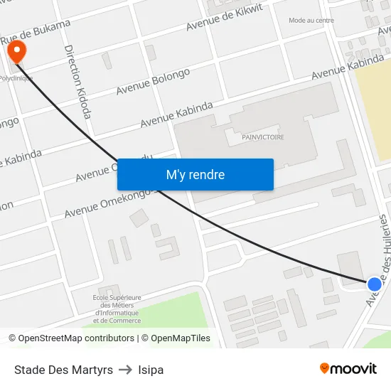 Stade Des Martyrs to Isipa map