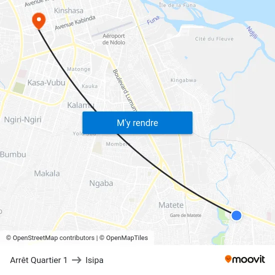 Arrêt Quartier 1 to Isipa map