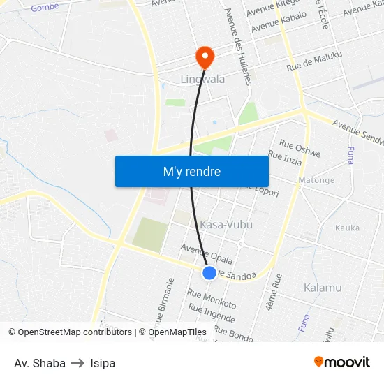 Av. Shaba to Isipa map
