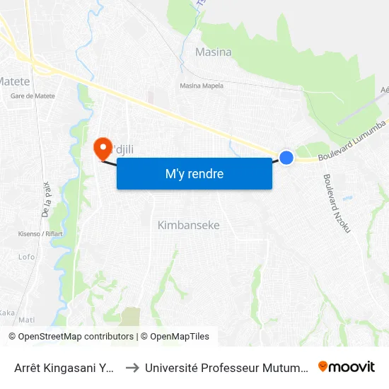 Arrêt Kingasani Ya Suka to Université Professeur Mutumbi (Upm) map
