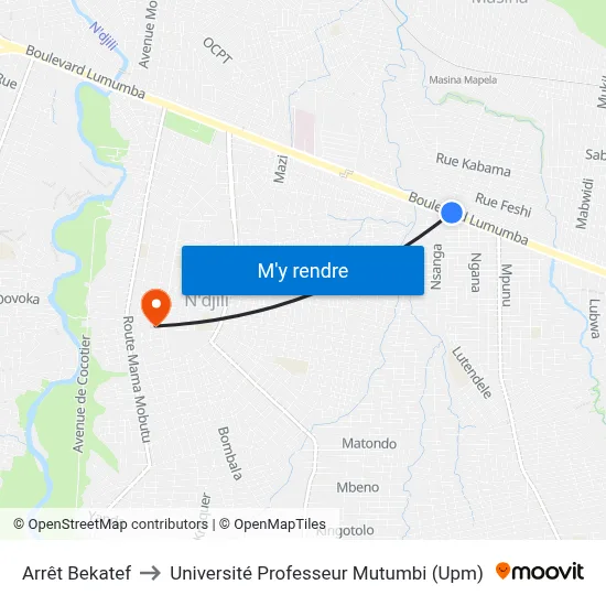 Arrêt Bekatef to Université Professeur Mutumbi (Upm) map