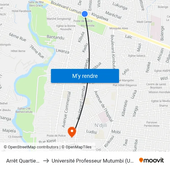 Arrêt Quartier 1 to Université Professeur Mutumbi (Upm) map