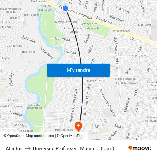 Abattoir to Université Professeur Mutumbi (Upm) map