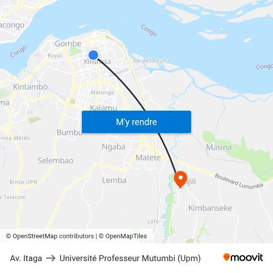 Av. Itaga to Université Professeur Mutumbi (Upm) map