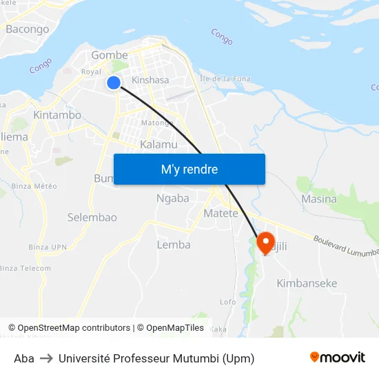 Aba to Université Professeur Mutumbi (Upm) map