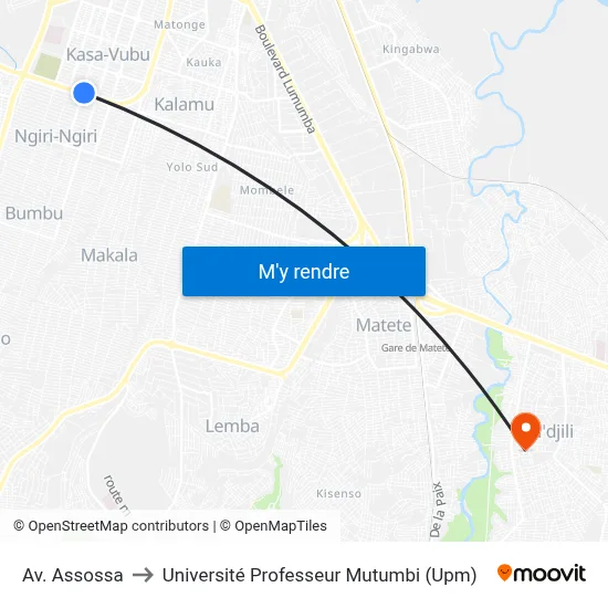 Av. Assossa to Université Professeur Mutumbi (Upm) map