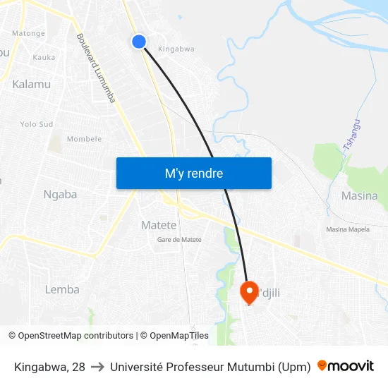 Kingabwa, 28 to Université Professeur Mutumbi (Upm) map