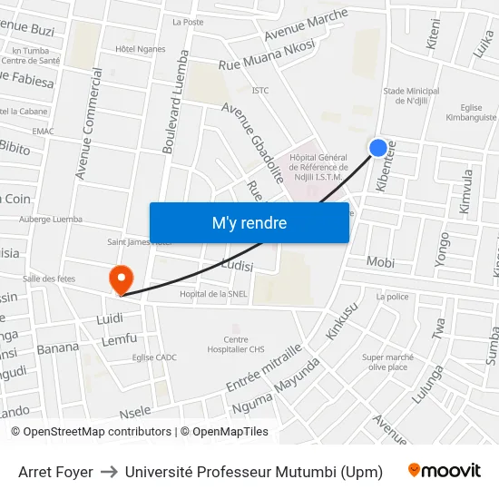 Arret Foyer to Université Professeur Mutumbi (Upm) map