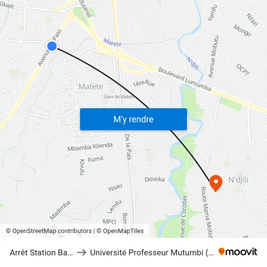 Arrêt Station Bakali to Université Professeur Mutumbi (Upm) map