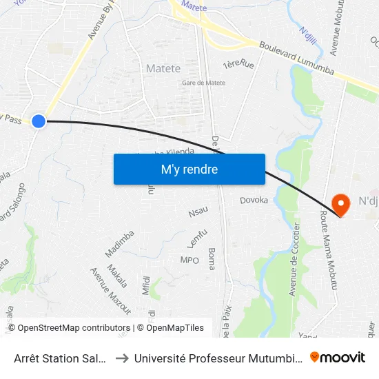 Arrêt Station Salongo to Université Professeur Mutumbi (Upm) map
