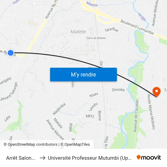 Arrêt Salongo to Université Professeur Mutumbi (Upm) map