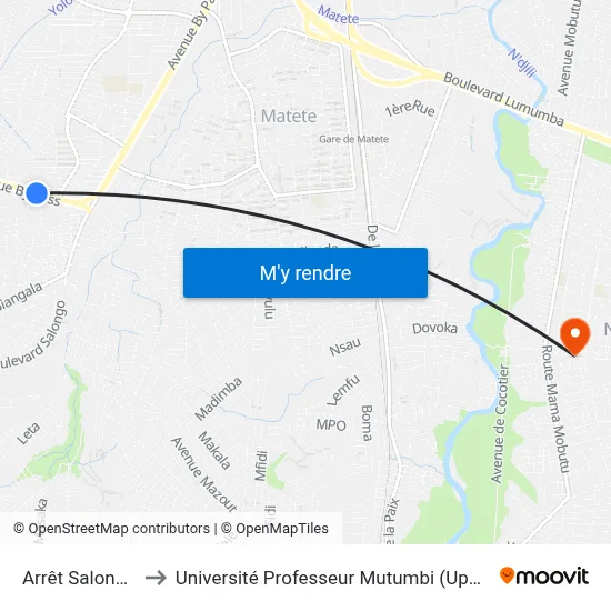 Arrêt Salongo to Université Professeur Mutumbi (Upm) map