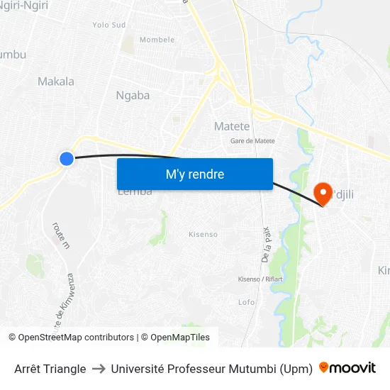 Arrêt Triangle to Université Professeur Mutumbi (Upm) map