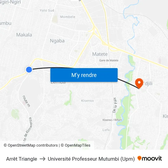 Arrêt Triangle to Université Professeur Mutumbi (Upm) map