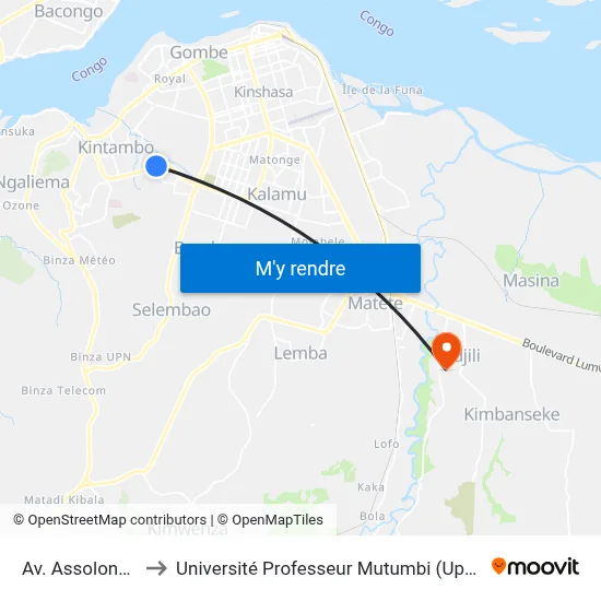 Av. Assolongo to Université Professeur Mutumbi (Upm) map