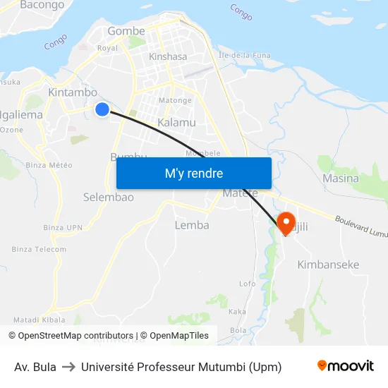 Av. Bula to Université Professeur Mutumbi (Upm) map