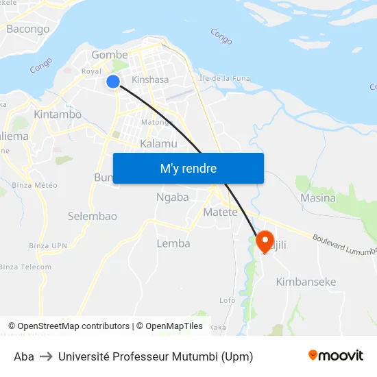 Aba to Université Professeur Mutumbi (Upm) map