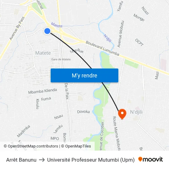 Arrêt Banunu to Université Professeur Mutumbi (Upm) map