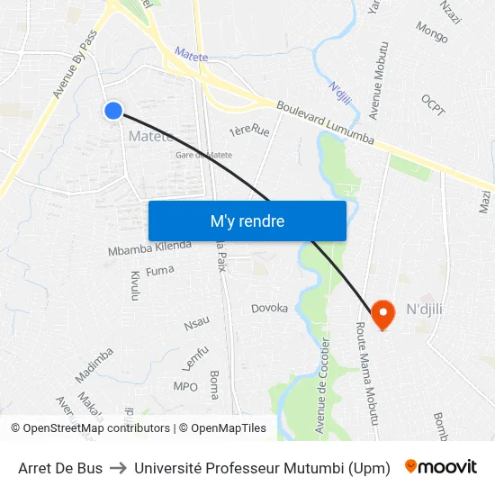 Arret De Bus to Université Professeur Mutumbi (Upm) map